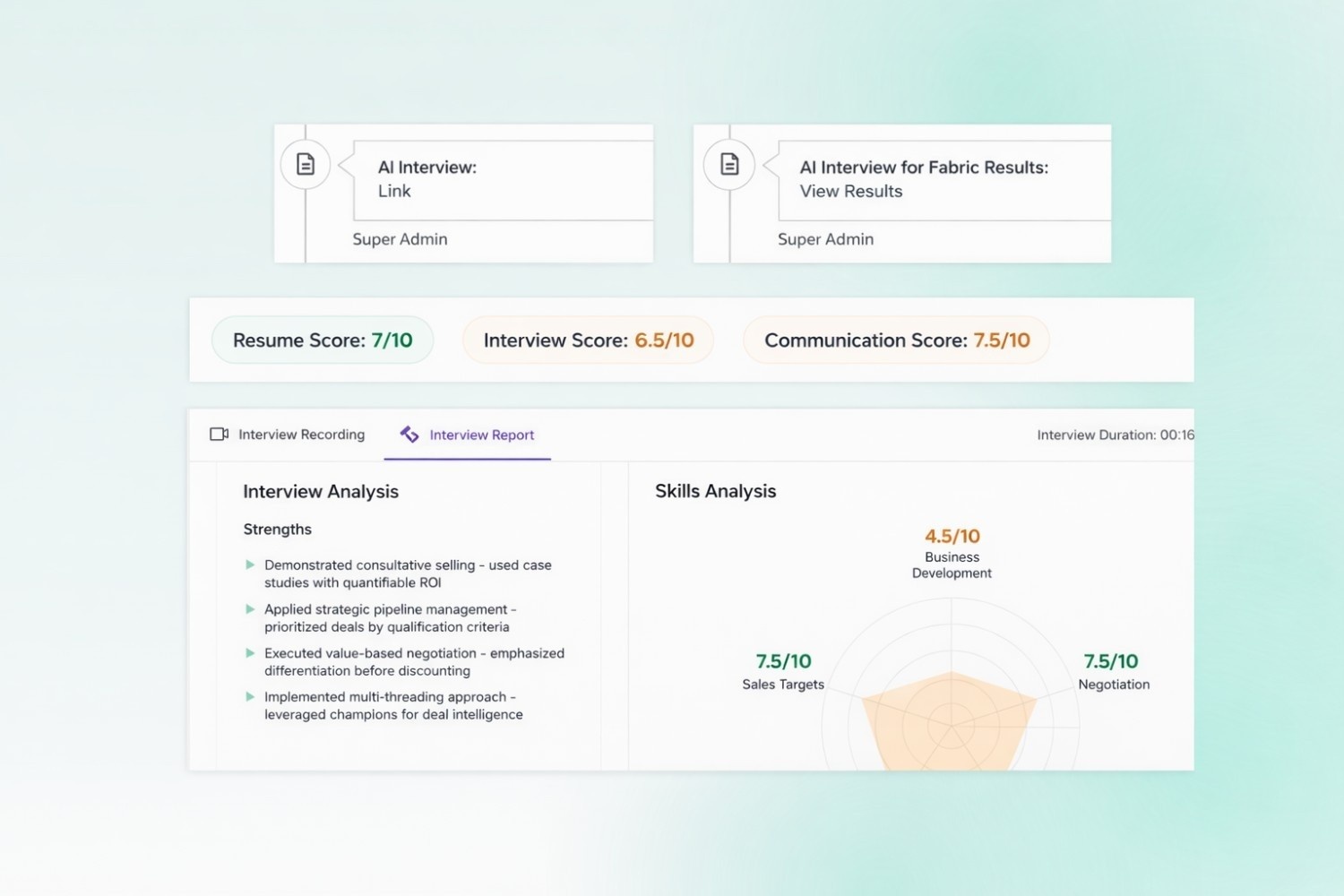 AI Interviewer Dashboard showing interview analysis and scoring